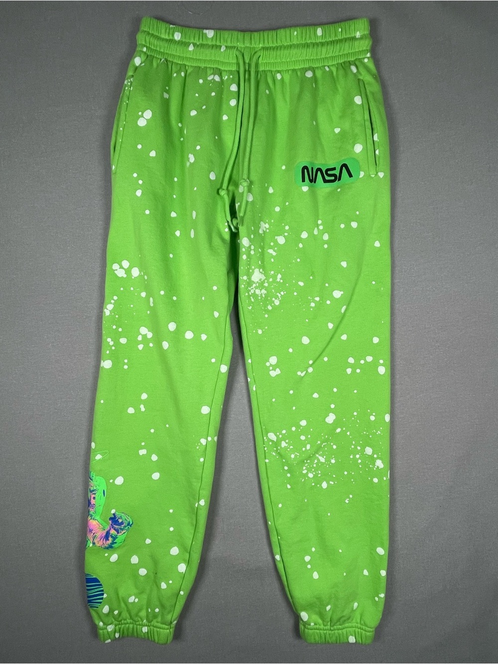 Hyper Space NASA Joggers Sweatpants Neon Green Paint Splatter Astronaut XS